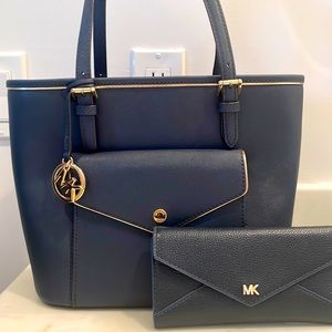 Michael Kors purse and wallet navy blue color with gold trim